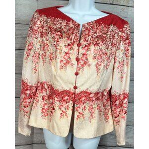 Papell Petites Women’s Silk Beaded Floral Blazer Lined V-Neck Button Down 10P